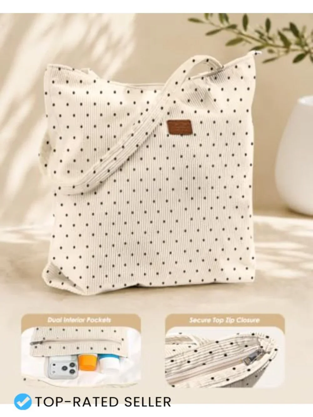 Corduroy Tote Bag with Zipper Large Capacity Shoulder Bag